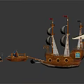 Detailed Wooden Sailboats Models With Black And White Sails Small Boats Barrels And Pirate Figures