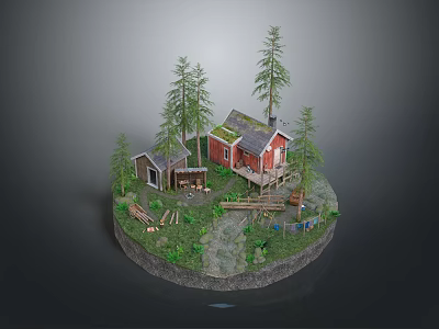 Rustic Red Wooden House With Shed Pine Trees And Wood Logs In Natural Setting 3d model