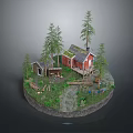 Rustic Red Wooden House With Shed Pine Trees And Wood Logs In Natural Setting