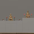 Modern White Buddhist Altar Cabinet With Golden Buddha Statues Candles And Fruit Offerings