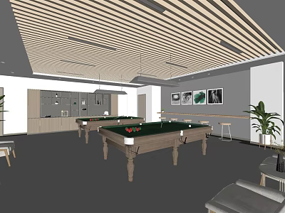 Modern Billiard Room With Wooden Slat Ceiling Billiard Tables Wall Art And Potted Plants 3d model