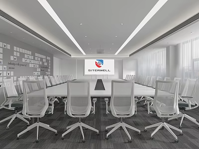Modern Spacious Conference Room Interior With Long Table White Chairs And Large Screen 3d model