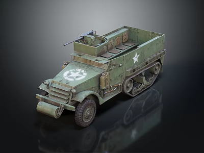 Military Green Functional Vehicle With Tracks Wheels Machine Gun And Star Insignia 3d model