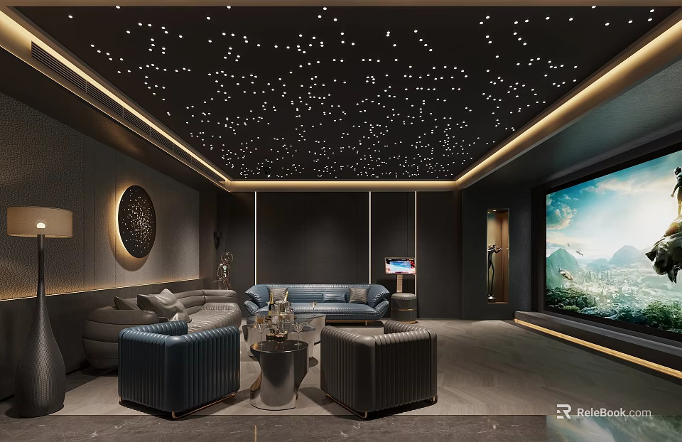 Luxury Home Theater Space With Starry Ceiling Large Screen And Sofas 3d model