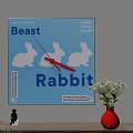 Blue Wall Clock With White Rabbit Silhouettes And Red Hands Design 3d model