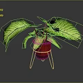 Green Variegated Plant in Red Pot on Black Metal Stand with Striped Leaves
