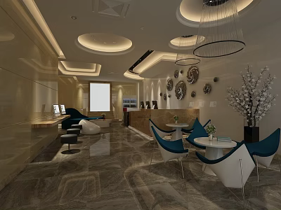 Modern Hotel Lobby Interior With Circular Ceiling Lights Marble Flooring Blue Chairs And Decorative Clocks 3d model