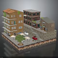 Miniature Model Scene With Colorful Multi Story Buildings Red Car Outdoor Tables And Tree