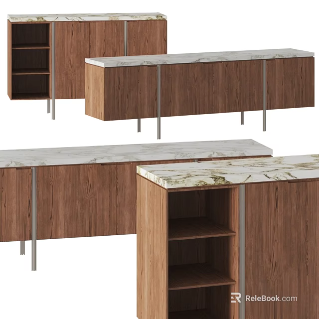 Wooden TV Stand With Marble Top And Metal Legs For Living Room Storage 3d model 