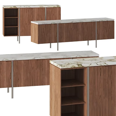 Wooden TV Stand With Marble Top And Metal Legs For Living Room Storage 3d model