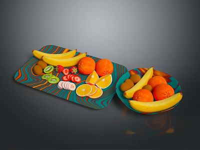 Colorful Commercial Fruit Display Trays with Bananas Oranges and Berries for Catering Services 3d model