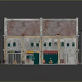 Traditional Shop House Model With Red Tiled Roof Signboards And Street Lamps