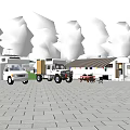 Multiple White RVs Parked With Green Trees And Camping Canopy Setup