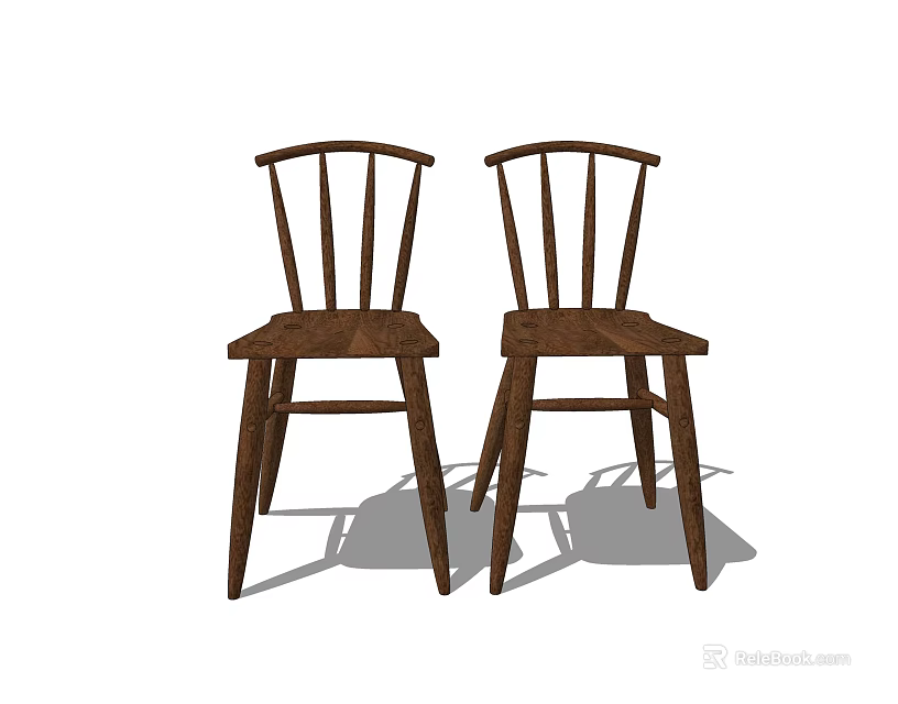 Two Rustic Wooden Dining Chairs With Slatted Backrest And Solid Wood Legs 3d model 