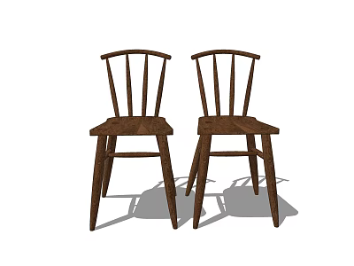 Two Rustic Wooden Dining Chairs With Slatted Backrest And Solid Wood Legs 3d model