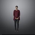 Stylish Woman in Maroon Top Black Pants Standing with Hands on Stomach Against Gray Background