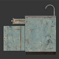 Distressed Blue Green Kitchen Cabinets With Countertop Sink Drawers Open Doors And Shelves