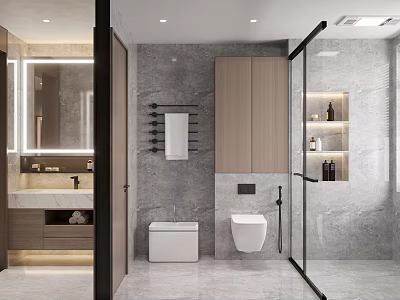 Modern Bathroom With Marble Walls Vanity And Storage 3d model