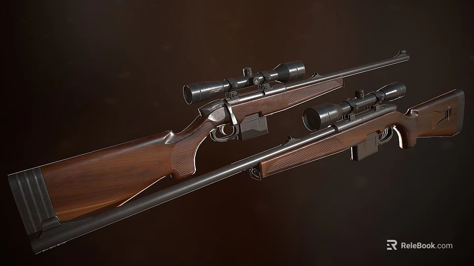 Two High Precision Hunting Rifles With Scopes And Wooden Stocks Displayed On Dark Background 3d model 