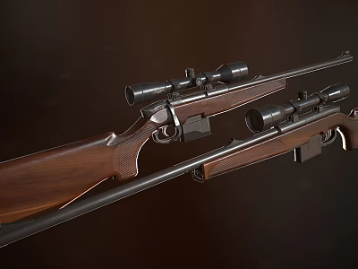 Two High Precision Hunting Rifles With Scopes And Wooden Stocks Displayed On Dark Background 3d model