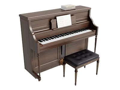 Elegant Brown Piano With Black Stool Sheet Music And Books On Top 3d model
