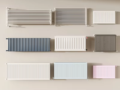 Various Modern Home Radiators With Different Designs And Colors Like White Blue Pink Gray 3d model