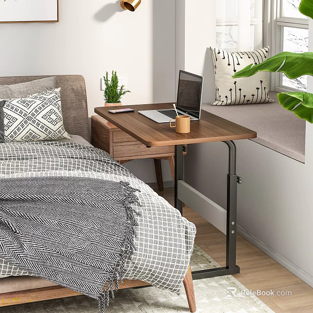 Modern Wooden Bedroom Desk with Laptop Cup Green Plant Near Bed and Window 3d model 