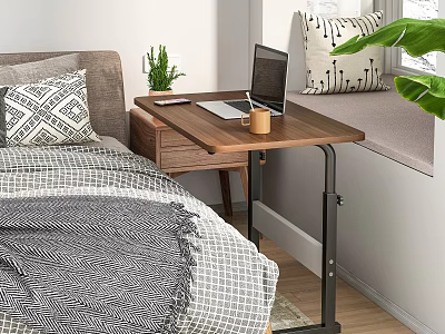 Modern Wooden Bedroom Desk with Laptop Cup Green Plant Near Bed and Window 3d model