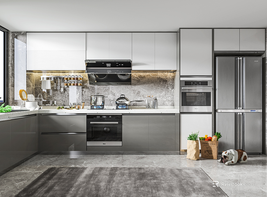 Modern Open Concept Kitchen Interior With Island Counter Cabinets And Stainless Steel Appliances 3d model 