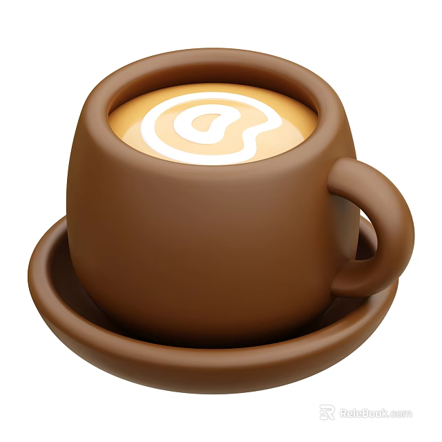 Creamy Coffee With @ Symbol Latte Art In Brown Ceramic Cup On Saucer 3d model 