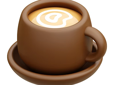 Creamy Coffee With @ Symbol Latte Art In Brown Ceramic Cup On Saucer 3d model