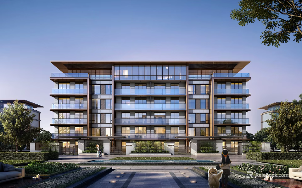 Modern Multi Storey Residential Building Featuring Glass Curtain Walls Balconies And Landscaped Entrance Pathway 3d model 