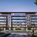 Modern Multi Storey Residential Building Featuring Glass Curtain Walls Balconies And Landscaped Entrance Pathway