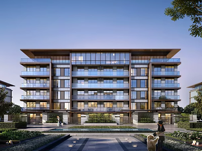 Modern Multi Storey Residential Building Featuring Glass Curtain Walls Balconies And Landscaped Entrance Pathway 3d model