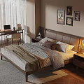 Modern Bedroom Interior With Bed Nightstand Desk And Framed Pictures On Wall
