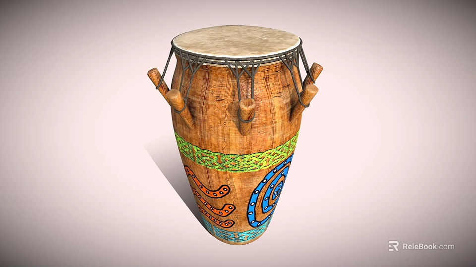 Traditional Wooden Djembe Musical Instrument With Leather Drumhead Colorful Patterns And Wooden Handles 3d model 