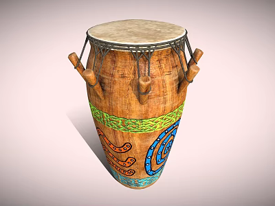 Traditional Wooden Djembe Musical Instrument With Leather Drumhead Colorful Patterns And Wooden Handles 3d model