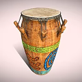 Traditional Wooden Djembe Musical Instrument With Leather Drumhead Colorful Patterns And Wooden Handles