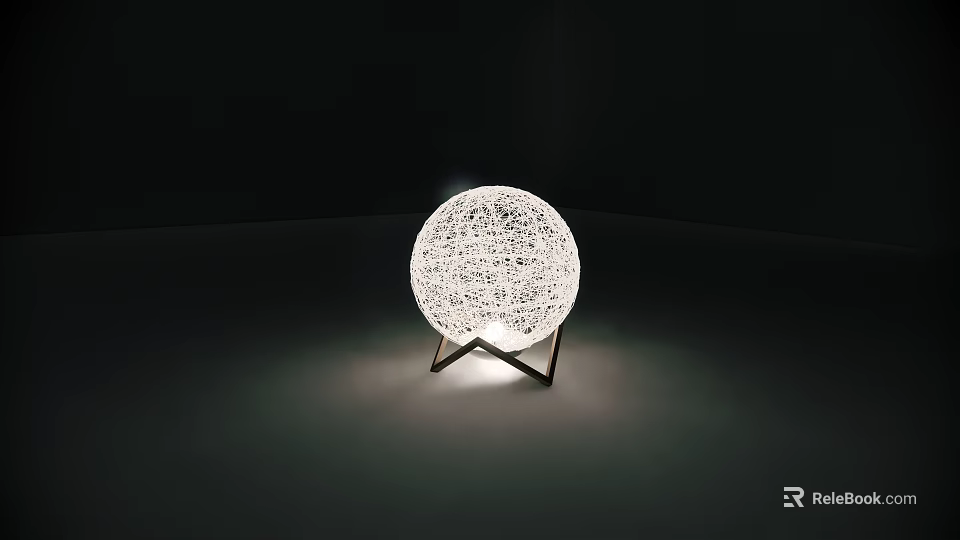 White Spherical Woven Table Lamp With Black Metal Base And Glowing Light In Dark Background 3d model 
