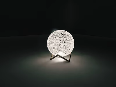 White Spherical Woven Table Lamp With Black Metal Base And Glowing Light In Dark Background 3d model