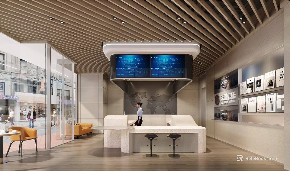 Modern Service Hall Interior With Reception Desk Digital Screens And Comfortable Seating 3d model 