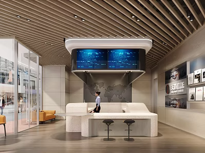 Modern Service Hall Interior With Reception Desk Digital Screens And Comfortable Seating 3d model