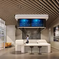 Modern Service Hall Interior With Reception Desk Digital Screens And Comfortable Seating