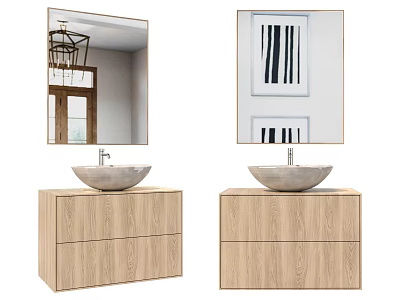 Wooden Bathroom Vanity With Round Basin Faucet Mirror And Striped Decorative Painting 3d model