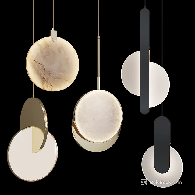Modern Circular Pendant Lights In Black White Beige With Marble Texture And Metal Frame 3d model 