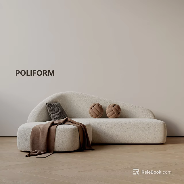 Beige Curved Three-Seater Sofa with Brown Blanket Gray Cushion and Knitted Pillows by POLIFORM 3d model 
