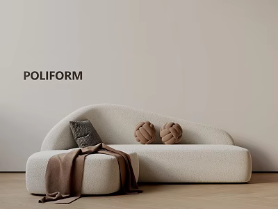 Beige Curved Three-Seater Sofa with Brown Blanket Gray Cushion and Knitted Pillows by POLIFORM 3d model