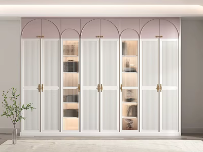 Elegant Modern Wardrobe With Sliding Glass Doors Gold Handles LED Lighting And Pink Backdrop 3d model