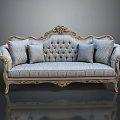 Classic Carved Two Seater Sofa with Golden Accents Light Gray Tufted Upholstery and Throw Pillows