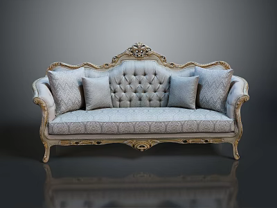 Classic Carved Two Seater Sofa with Golden Accents Light Gray Tufted Upholstery and Throw Pillows 3d model